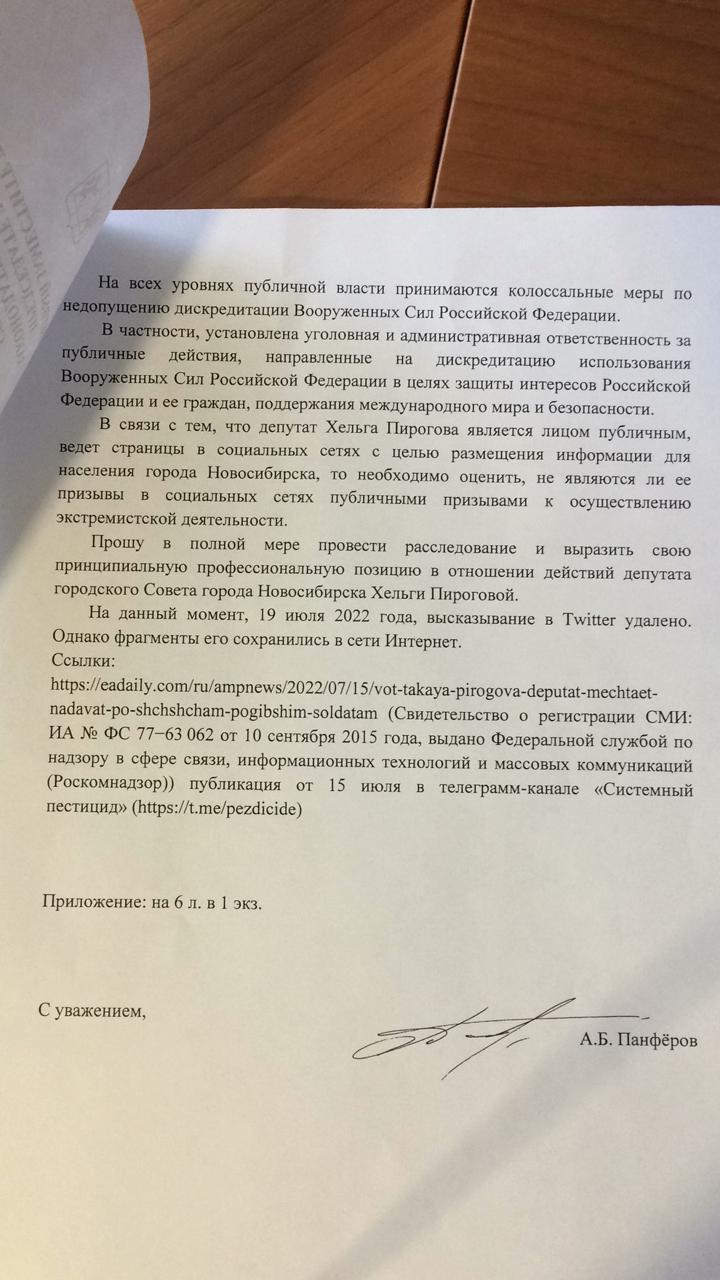 Фото Стал известен текст обращения Панфёрова в прокуратуру из-за поста депутата Хельги Пироговой 2