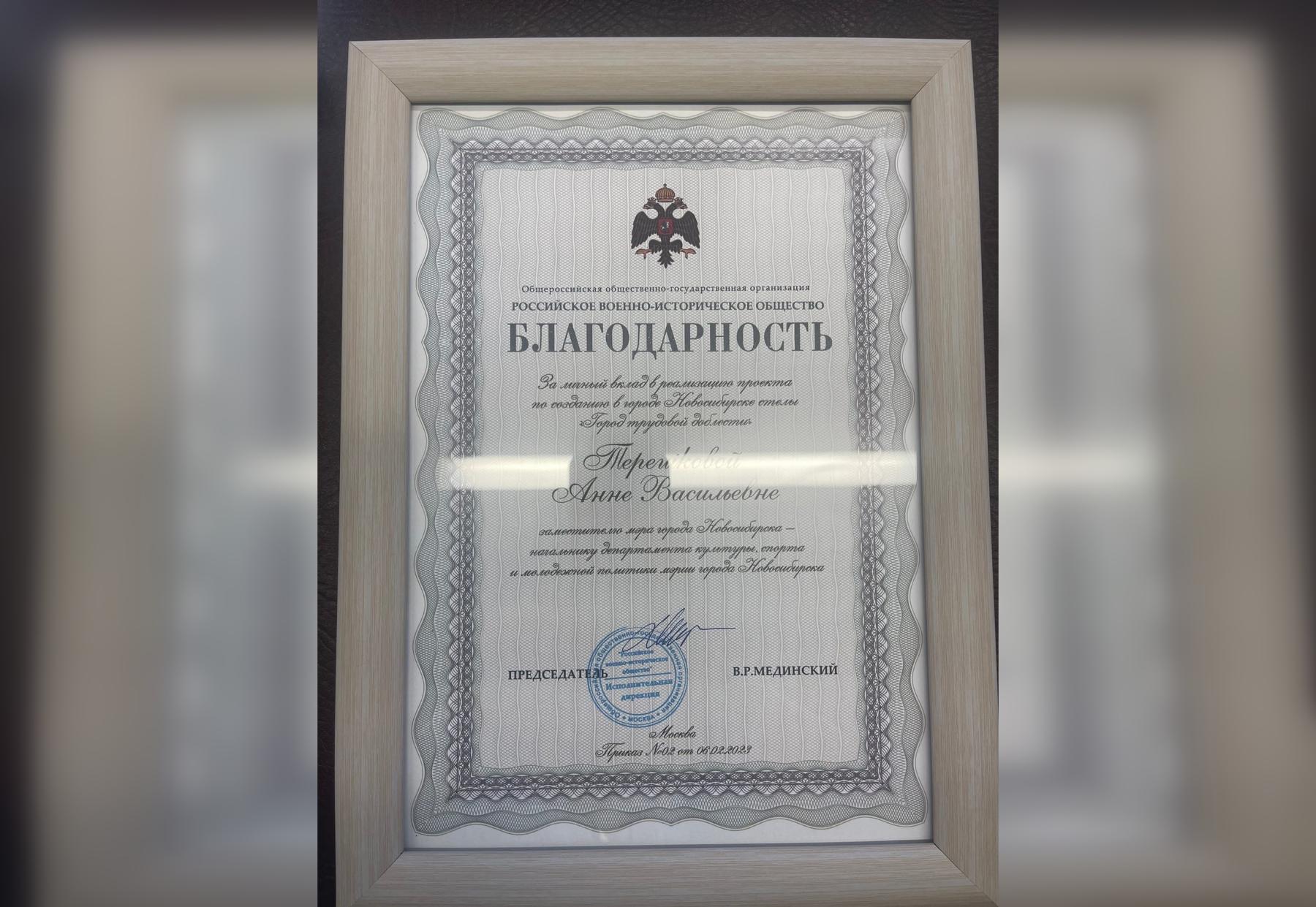 Фото Вице-мэр Новосибирска Анна Терешкова получила благодарность от Мединского 2